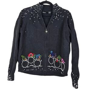 Vintage 90s Christina Rotelli M Full Zip Snowman Holiday Sweater Beaded Kitsch